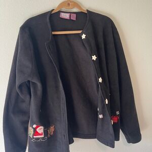 Premier Designs Womens Black Fleece Christmas Santa Reindeer Sweater Cardigan L